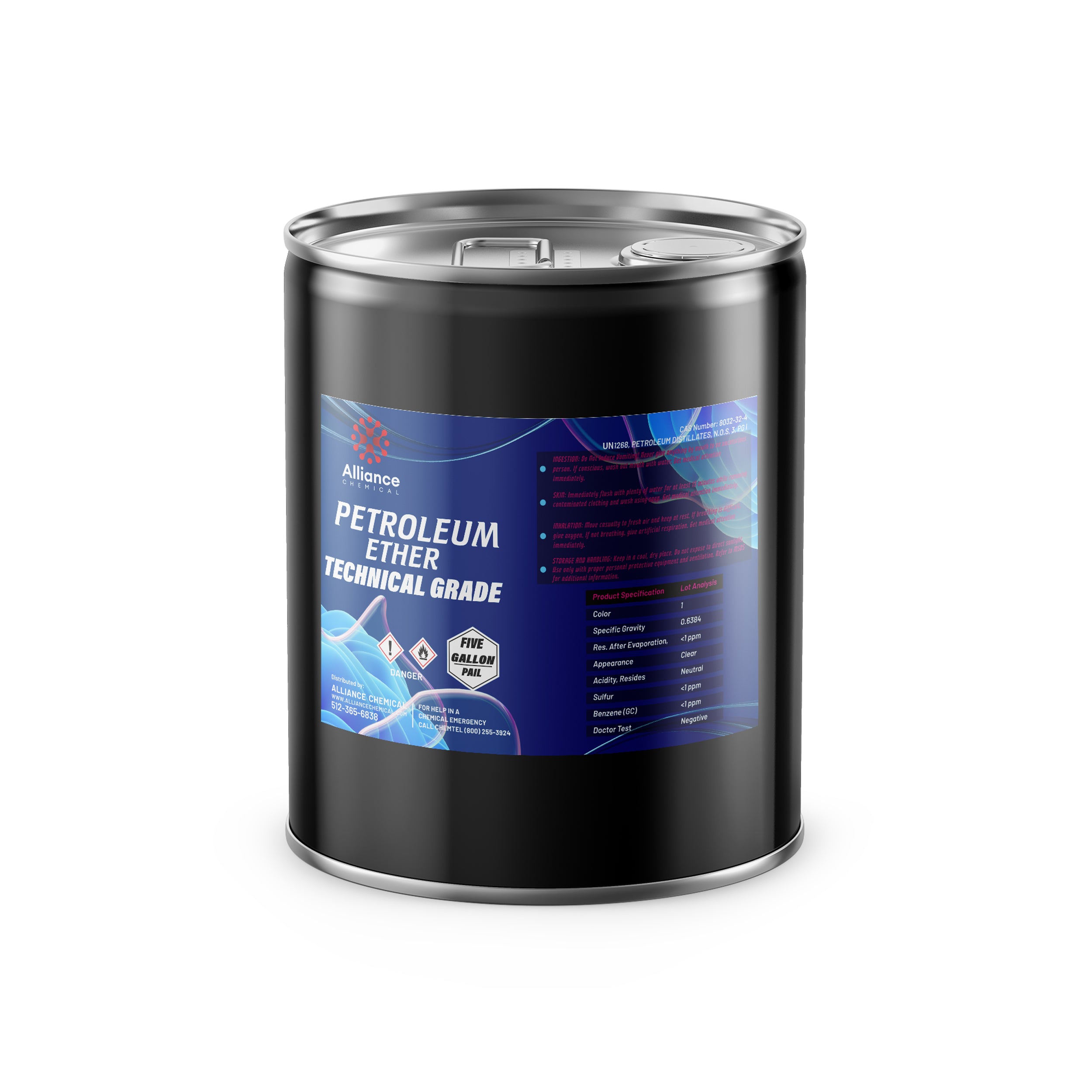 5-gallon black steel pail of technical-grade petroleum ether solvent with flammable/dangerous goods warning symbols, Alliance Chemical brand, sealed industrial container.